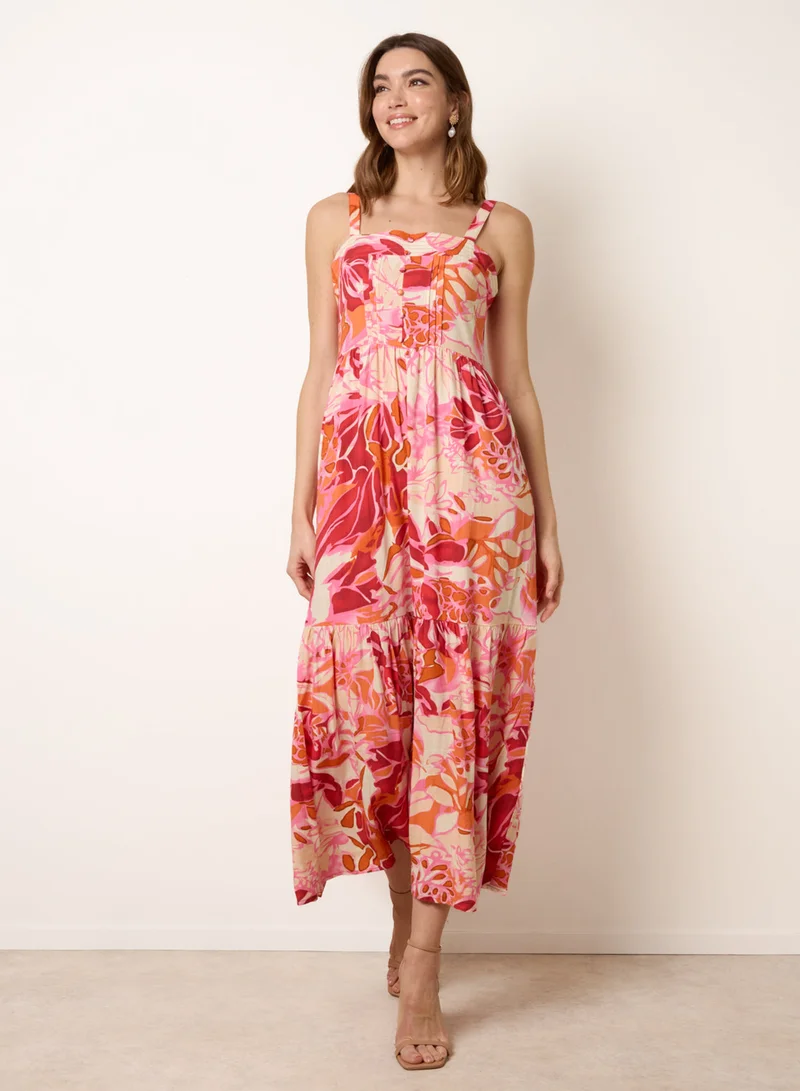 Blue Vanilla Tropical Print Adjustable Strap Maxi Dress